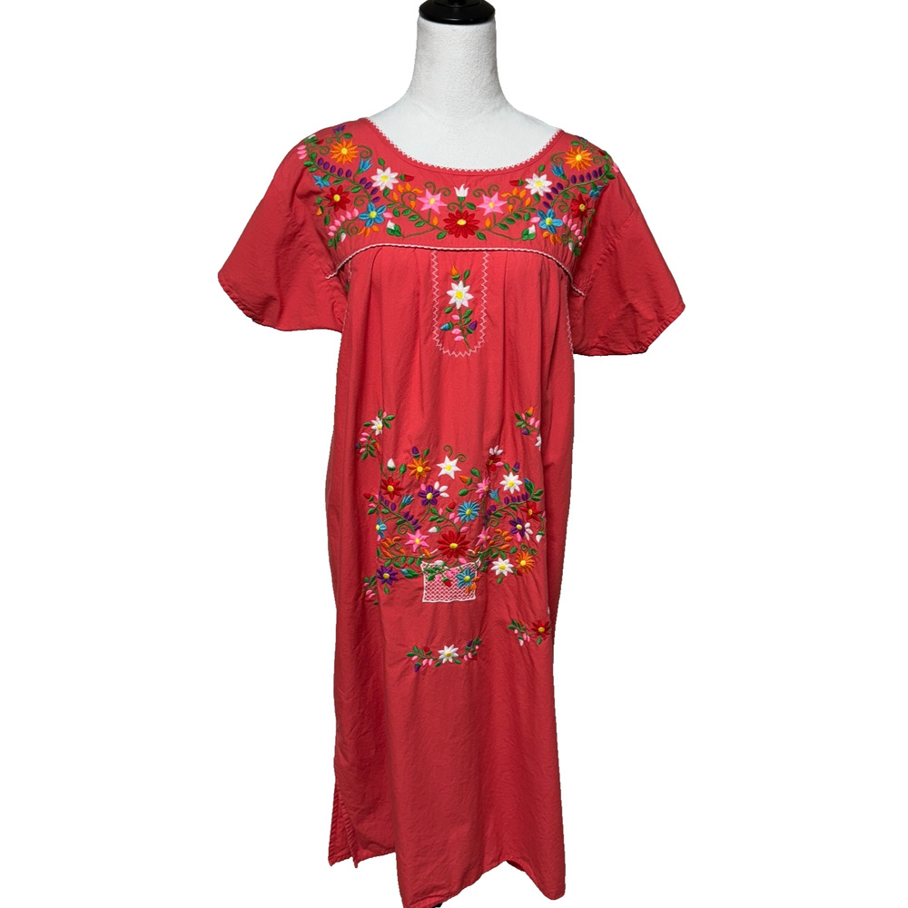 Unik Dress Large Knee Length Pink Red Embroidered Floral‎ Mexican Beachy Coastal